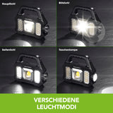 EASYmaxx Solar-Arbeitsleuchte mobil - Schwarz mit verschiedenen Leuchtmodi: Hauptlicht, Blitzlicht, Seitenlicht und Taschenlampe.