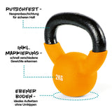 #DoYourFitness Kettlebell 2 kg aus massivem Gusseisen mit rutschfester Neoprenbeschichtung und farblicher Gewichtsanzeige.