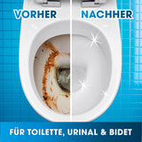 bideo® WC-Intensivschaum 1,5 kg zeigt Vorher-Nachher-Ergebnis bei Reinigung von Toilette, Urinal und Bidet bis unter den Rand.