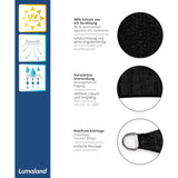 LUMALAND Sonnensegel 100% HDPE mit Stabilisator, UV-Schutz, reißfest, rostfreie Eckringe, rechteckig 5 x 7 Meter, schwarz.