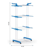 CLEAN Edition Klappbarer Wäscheständer mit 3 Etagen, 24 Aluminiumstangen, 4 Rollen, weiß/blau, 63x76x173 cm, platzsparend und mobil.