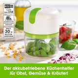 GOURMETmaxx Multi-Zerkleinerer inkl. USB-Kabel kompakter Akku-Zerkleinerer mit 250 ml Mixbehälter in weiß/limegreen, spülmaschinengeeignet.