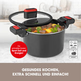 GOURMETmaxx Energiespartopf Aluminium 5,8l schwarz/rot mit Antihaftbeschichtung, wärmeabweisenden Griffen und Thermoboden für alle Herdarten.