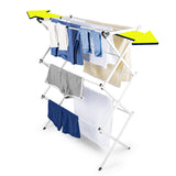 Der EASYmaxx Teleskop-Wäscheständer 800 ist ein weißer, platzsparender Klappständer mit mehreren Ebenen für Kleidung und Handtücher. Große gelbe Pfeile unterstreichen das ausziehbare Design für bequemes Trocknen auf 8 m Trockenlänge.