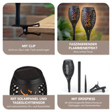 EASYmaxx Solar-Fackel LED mit Erdspieß und Clip, wetterbeständig, Flammeneffekt, Solarpanel, Tageslichtsensor, vielseitig befestigbar.