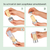 soapflaker Seifenspender für feste Handseife in Silber mit Aloe-Vera Seifenstück, einfaches Nachfüllen in 4 Schritten gezeigt.