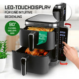 GOURMETmaxx FryUp Vertikale Doppelkammer-Heißluftfritteuse mit LED-Touchdisplay und 4 Ebenen für bis zu 8 Personen.