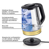 GOURMETmaxx Glas-Wasserkocher Tasse für Tasse schwarz/gold mit kabellosem Wasserbehälter und LED-Innenbeleuchtung.