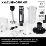 GOURMETmaxx Akku-Stabmixer mit XL-Zubehör-Set, kabellos, inklusive Mixer-, Schneebesen-, Zerkleinerer-Aufsatz und Mixbecher.