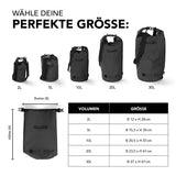 Where Tomorrow Dry Bag 10L - Schwarz, wasserdichter Outdoor-Rucksack mit Rolltop-Verschluss und verstellbarem Schultergurt.