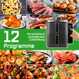 GOURMETmaxx FryUp Vertikale Doppelkammer-Heißluftfritteuse mit 12 Programmen für vielseitige, punktgenaue Zubereitung auf 4 Ebenen.