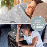 MAXXMEE Verwandlungskissen Glow in the dark - weiches Kuschelkissen wird zur Decke mit leuchtenden Sternen aus flauschigem Flanell-Fleece