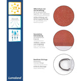 LUMALAND Sonnensegel 100% HDPE mit Stabilisator Terracotta, UV-Schutz 30+, reißfest, rostfreie Eckringe, verstärkte Umrandung, 3x3 m.
