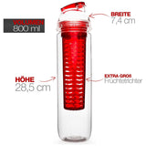 #DoYourFitness Trinkflasche mit Früchtebehälter Fruchteinsatz 800 ml Rot, Maße 28,5 cm Höhe, 7,4 cm Breite, extra großer Früchtetrichter