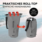 Where Tomorrow Dry Bag 30L - Style 02 - Grau mit praktischem wasserdichtem Rolltop-Verschluss und verstellbarem Schultergurt.