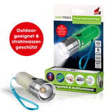 EASYmaxx Taschenlampe LED 5 V transparent/chrom, bis zu 500 m Reichweite, fluoreszierender Griff, USB aufladbar, outdoorgeeignet, strahlwassergeschützt.