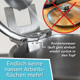 topfi® Topfdeckelhalter für Töpfe & Pfannen leitet Kondenswasser zurück in den Topf und verhindert nasse Arbeitsflächen durch Tropfenbildung.