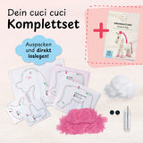 cuci cuci Näh-Baukastenset Motiv Einhorn Elly komplett mit Nähanleitung, Stoffmustern und Zubehör für Kinder ab 5 Jahren.