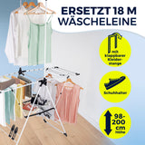 Der EASYmaxx Falt-Wäscheständer 1800 bietet 18m Trockenlänge, eine klappbare Kleiderstange, Schuhhalter und ist höhenverstellbar von 98 bis 200cm – platzsparend und ideal für Kleidung und Schuhe.