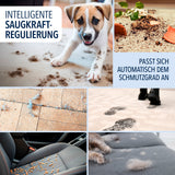 CLEANmaxx AeroTec 500 Staubsauger mit Absaugstation in Grau/Blau zeigt intelligente Saugkraft-Regulierung bei verschiedenen Verschmutzungen.