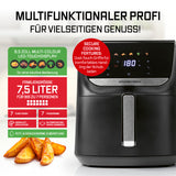 GOURMETmaxx AirGenius Heißluftfritteuse 7,5 l mit Farb-Touchdisplay, 7 Programmen, fettarm und für bis zu 7 Personen geeignet.