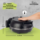 Rachs KOCHWERK Pizza Maker mit Temperatureinstellung und wärmeisoliertem Gehäuse für sichere Handhabung.