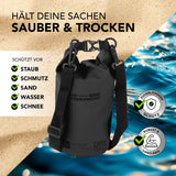 Where Tomorrow Dry Bag 2L - Schwarz mit wasserdichtem Rolltop, robust und UV-geschützt für Outdoor-Abenteuer.