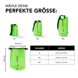 Where Tomorrow Dry Bag 20L - Grün, wasserfester Outdoor-Rucksack mit Rolltop-Verschluss und verstellbarem Schultergurt.