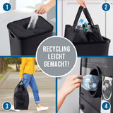Eine vierstufige Anleitung zum einfachen Recycling: 1. Legen Sie Ihre Flasche in den WELLENBORG Pfandflaschen-Sammelbehälter (100 l, 2 Tragetaschen, Klettverschluss), 2. Füllen Sie die Beutel, 3. Tragen Sie sie nach draußen, 4. Recyceln Sie die Flaschen. Text in der Mitte: Recycling leicht gemacht!.