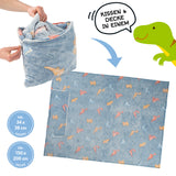MAXXMEE Verwandlungskissen Glow in the dark – weiches Kuschelkissen mit Dinosaurier-Motiv, das sich in eine Kuscheldecke verwandelt.
