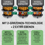 GOURMETmaxx FryUp Vertikale Doppelkammer-Heißluftfritteuse mit 2 Garzonen, 4 Ebenen und 10 Liter Volumen für vielseitiges Kochen.