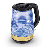 GOURMETmaxx Glas-Wasserkocher Tasse für Tasse, 250 ml bis 1,7 l, schwarz/gold, kabellos mit Wasserstandsanzeige.