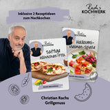 Rachs KOCHWERK Dönergrill - Schwarz mit 2 Rezeptideen für saftige Hähnchen-Pita und Halloumi-Melonen-Spieße.