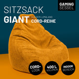 LUMALAND Sitzsack GIANT aus der Cord-Reihe, 135 x 100 cm, soft & waschbar, senfgelb, mit geripptem Vintage-Stoff für Indoor-Gaming.