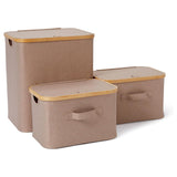LUMALAND Aufbewahrungsbox mit Bambus-Rahmen Rechteckig hoch - 3er-Set - Taupe, faltbar, mit Deckel und Griffen, verschiedene Größen.