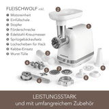 GOURMETmaxx Fleischwolf - Weiß mit Motor, Lochscheiben, Kebbe- und Wurstaufsatz für vielseitige Fleischverarbeitung.