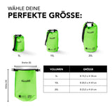 Where Tomorrow Dry Bag 20L - Stil 01 - Grün, wasserdichter, robuster Outdoor-Rucksack mit verstellbarem Schultergurt und Rolltop-Verschluss.