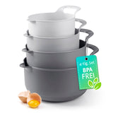 GOURMETmaxx Schüssel-Set 4-tlg. mit Henkel & Ausguss, stapelbar, rutschfest, BPA-frei in vier Grautönen, ideal zum Mixen und Servieren.