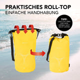#DoYourOutdoor Dry Bag 10L Gelb mit wasserdichtem Rolltop-Verschluss und verstellbarem Schultergurt für Outdoor-Abenteuer.