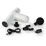 VITALmaxx Mini Massage Gun Smart Grip Weiß mit 4 Aufsätzen, ergonomischem Design und USB-Ladekabel für bis zu 50 Min Laufzeit.