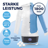 CLEANmaxx Hemdenbügler PRO STEAM + Hosenaufsatz mit Touchdisplay, 1800 Watt, Timer und 5 Gewichts-Clips für faltenfreie Kleidung.