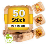 GOURMETmaxx Backpapierschalen für Heißluftfritteusen (2–5 l) 50 Stück, hitzebeständig, antihaftbeschichtet, 16x16 cm BPA-frei.