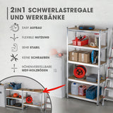 EASYmaxx 2 in 1 Schwerlastregal & Werkbank, 180 x 90 x 40 cm, Metallgestell, MDF-Platten, höhenverstellbar, ohne Schrauben, flexibel nutzbar.