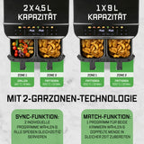 GOURMETmaxx AirGenius 2-Kammer-Heißluftfritteuse 2 x 4,5 l mit 2-Garzonen-Technologie und Color-Touchscreen für fettarmes Frittieren.