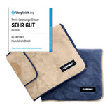 FLUFFINO® Hundehandtuch Mikrofaser – 2er-Pack, extra saugfähig, schnell trocknend, 120x70 cm, beige & blau, handlich und pflegeleicht.