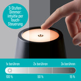 EASYmaxx LED-Akku-Tischleuchte mit 3-Stufen-Dimmer per Touch für stimmungsvolles, warmweißes Licht kabellos innen und außen.