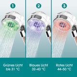 EASYmaxx Duschkopf LED-Farbwechsel 6cm mit Mineralkugeln zeigt Temperatur in Grün, Blau und Rot durch LED-Licht während des Duschens.