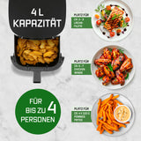 GOURMETmaxx Heißluftfritteuse 4 l mit 4-Liter-Kapazität, 8 Programmen und Shake-Reminder für bis zu 4 Personen.