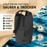 Where Tomorrow Dry Bag 30L - Style 02 - Schwarz, wasserdichter, robuster Outdoor-Rucksack mit Rolltop-Schutz für saubere und trockene Wertsachen.