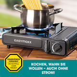 EASYmaxx Gaskocher tragbar 2500W - Schwarz mit stabilem Metallgehäuse und Piezozündung für Camping und Notfälle.